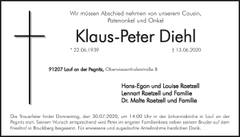 Traueranzeige von Klaus-Peter Diehl von Pegnitz-Zeitung
