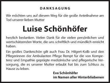 Traueranzeige von Luise Schönhöfer von Hersbrucker Zeitung