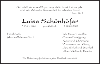 Traueranzeige von Luise Schönhöfer von Hersbrucker Zeitung