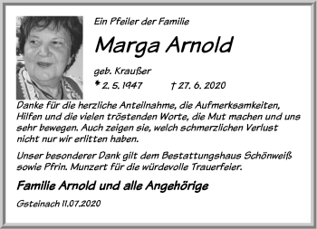 Traueranzeige von Marga Arnold von Der Bote