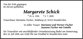 Traueranzeige von Margarete Schick von Pegnitz-Zeitung