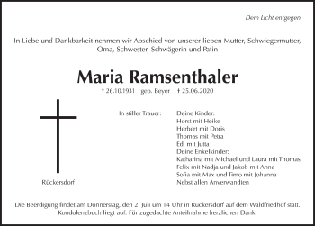 Traueranzeige von Maria Ramsenthaler von Pegnitz-Zeitung