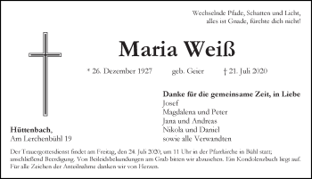 Traueranzeige von Maria Weiß von Pegnitz-Zeitung