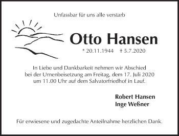 Traueranzeige von Otto Hansen von Pegnitz-Zeitung