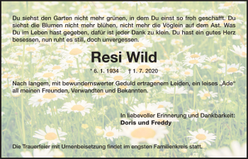 Traueranzeige von Resi Wild von Der Bote