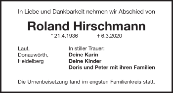 Traueranzeige von Roland Hirschmann von Pegnitz-Zeitung
