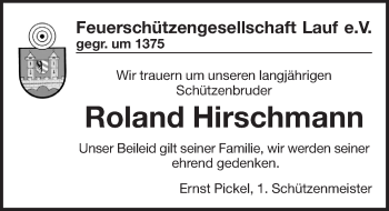 Traueranzeige von Roland Hirschmann von Pegnitz-Zeitung