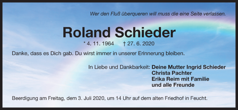  Traueranzeige für Roland Schieder vom 01.07.2020 aus Der Bote