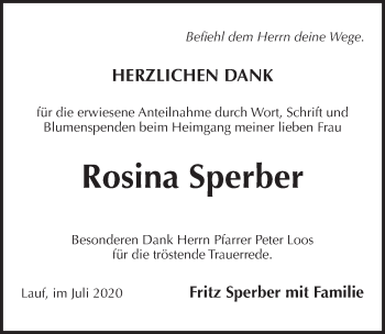 Traueranzeige von Rosina Sperber von Pegnitz-Zeitung