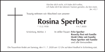 Traueranzeige von Rosina Sperber von Pegnitz-Zeitung