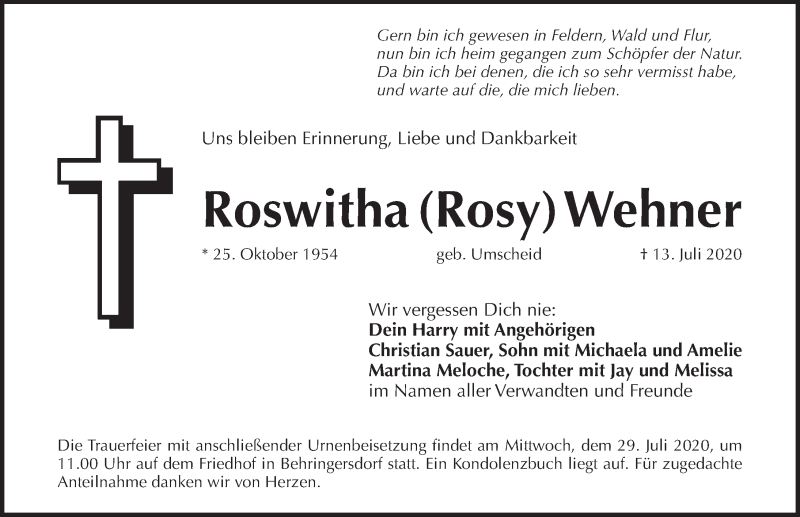  Traueranzeige für Roswitha Wehner vom 25.07.2020 aus Pegnitz-Zeitung