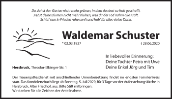 Traueranzeige von Waldemar Schuster von Hersbrucker Zeitung