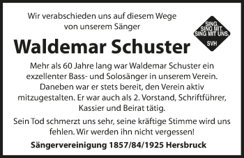 Traueranzeige von Waldemar Schuster von Hersbrucker Zeitung