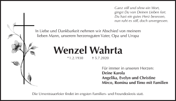 Traueranzeige von Wenzel Wahrta von Pegnitz-Zeitung