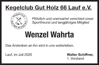 Traueranzeige von Wenzel Wahrta von Pegnitz-Zeitung