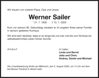 Traueranzeige von Werner Sailer von Der Bote