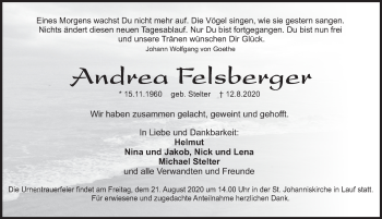 Traueranzeige von Andrea Felsberger von Pegnitz-Zeitung