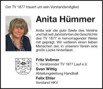Traueranzeige von Anita Hümmer von Pegnitz-Zeitung