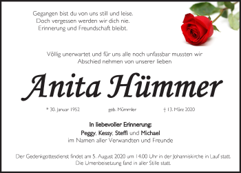 Traueranzeige von Anita Hümmer von Pegnitz-Zeitung