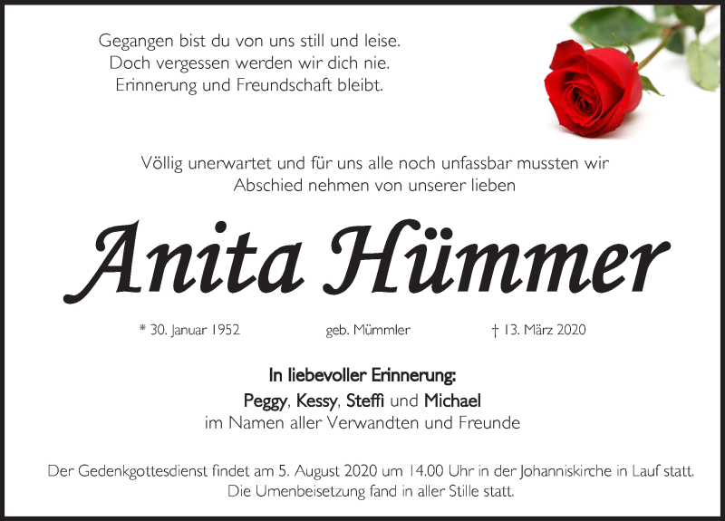  Traueranzeige für Anita Hümmer vom 01.08.2020 aus Pegnitz-Zeitung