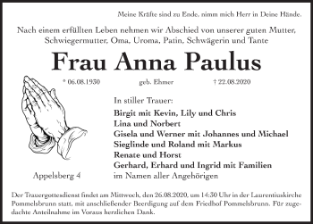Traueranzeige von Anna Paulus von Hersbrucker Zeitung