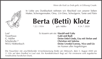 Traueranzeige von Berta Klotz von Pegnitz-Zeitung