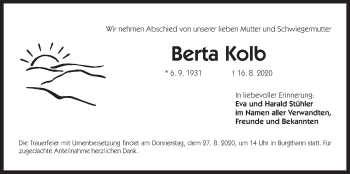 Traueranzeige von Berta Kolb von Der Bote