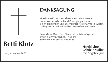 Traueranzeige von Betti Klotz von Pegnitz-Zeitung