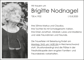 Traueranzeige von Brigitte Nodnagel von Hersbrucker Zeitung