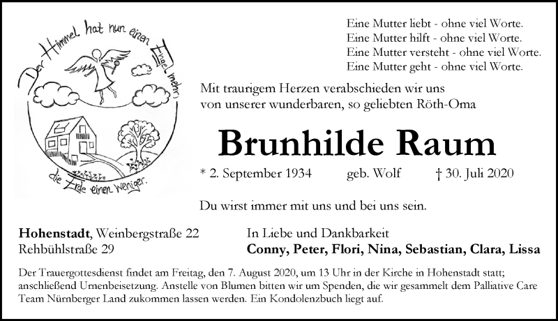  Traueranzeige für Brunhilde Raum vom 05.08.2020 aus Hersbrucker Zeitung