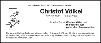 Traueranzeige von Christof Völkel von Der Bote
