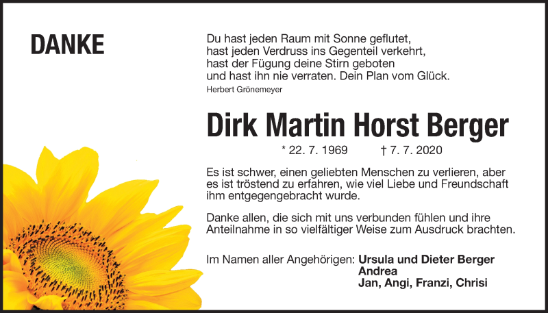  Traueranzeige für Dirk Martin Horst Berger vom 08.08.2020 aus Der Bote