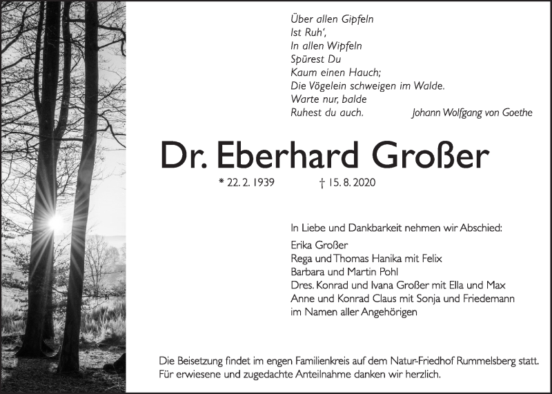  Traueranzeige für Eberhard Großer vom 22.08.2020 aus Der Bote