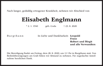 Traueranzeige von Elisabeth Englmann von Der Bote