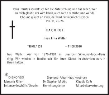 Traueranzeige von Erna Walter von Hersbrucker Zeitung