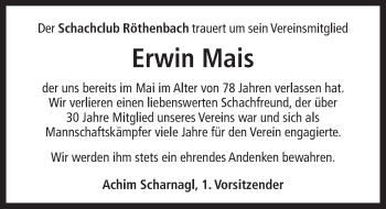 Traueranzeige von Erwin Mais von Pegnitz-Zeitung