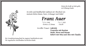 Traueranzeige von Franz Auer von Der Bote