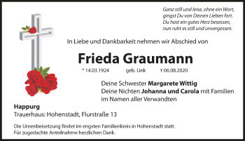 Traueranzeige von Frieda Graumann von Hersbrucker Zeitung