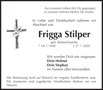 Traueranzeige von Frigga Stilper von Pegnitz-Zeitung