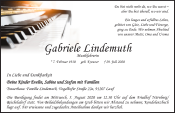 Traueranzeige von Gabriele Lindemuth von Pegnitz-Zeitung