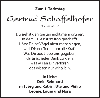 Traueranzeige von Gertrud Schaffelhofer von Hersbrucker Zeitung