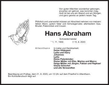 Traueranzeige von Hans Abraham von Der Bote