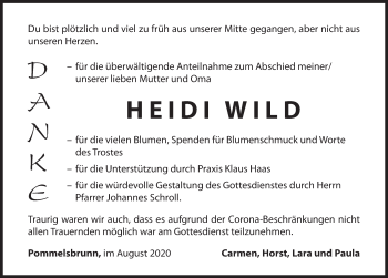 Traueranzeige von Heidi Wild von Hersbrucker Zeitung