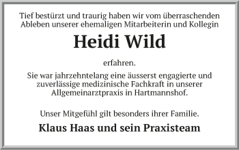Traueranzeige von Heidi Wild von Hersbrucker Zeitung