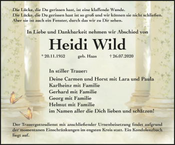 Traueranzeige von Heidi Wild von Hersbrucker Zeitung