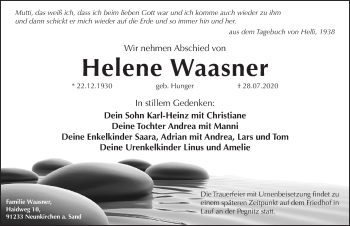 Traueranzeige von Helene Waasner von Pegnitz-Zeitung