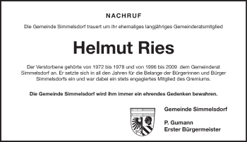 Traueranzeige von Helmut Ries von Pegnitz-Zeitung