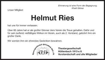 Traueranzeige von Helmut Ries von Pegnitz-Zeitung