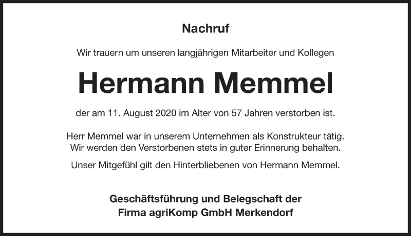  Traueranzeige für Hermann Memmel vom 21.08.2020 aus Pegnitz-Zeitung
