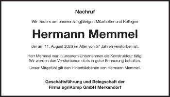 Traueranzeige von Hermann Memmel von Pegnitz-Zeitung